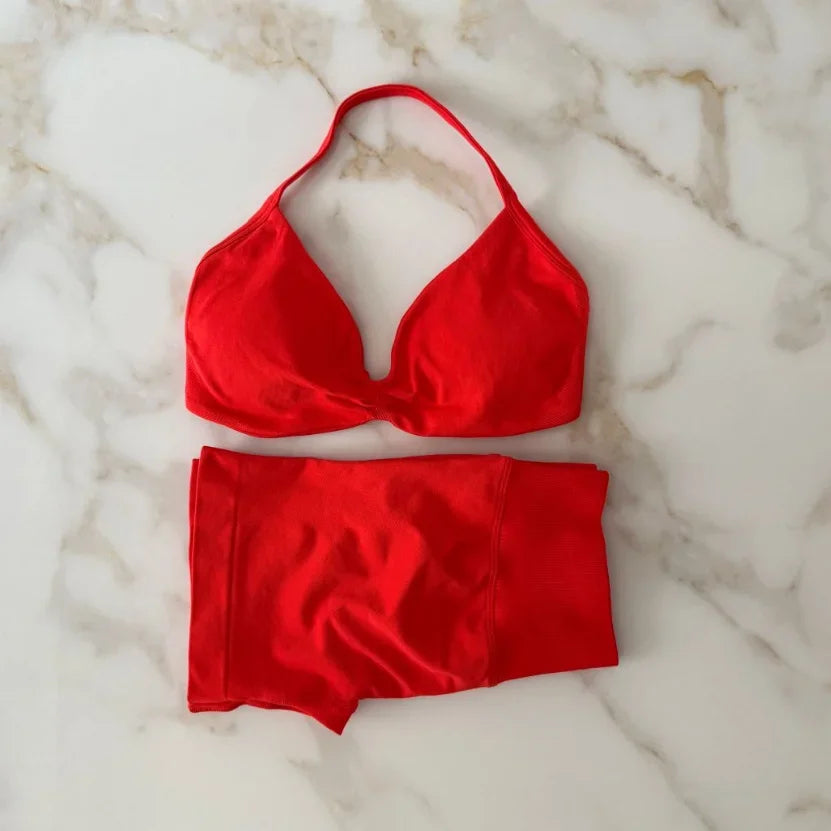 Impact Gym Set Women Two Piece Strappy Yoga Bra Top Workout Scrunch Shorts Suit Fitness Clothes Seamless Sportswear Workout Set Chili