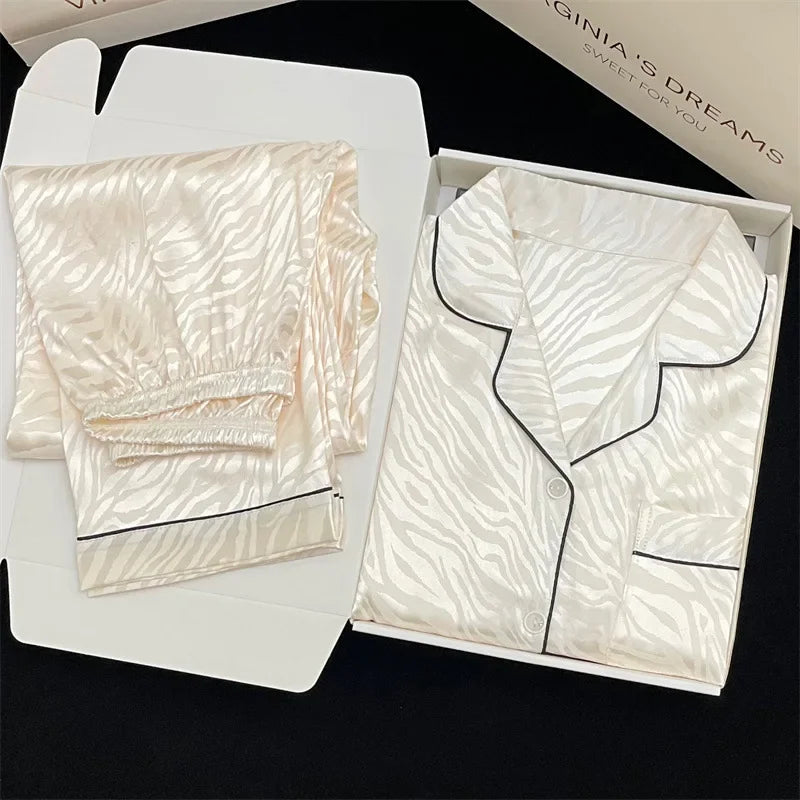 Korean Style Women's Two-piece Pajamas Sets Fashion Flower Print Faux Silk Satin Sleepwear Female Long Sleeve Pants Housewear 17