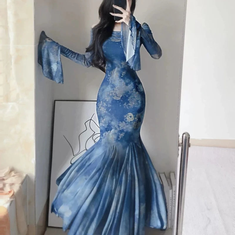 Large Size Fat Mm Charming Temperament Pure Sexy Hot Girl with One Shoulder Waist Slim Hips and Fish Tail Long Dresses