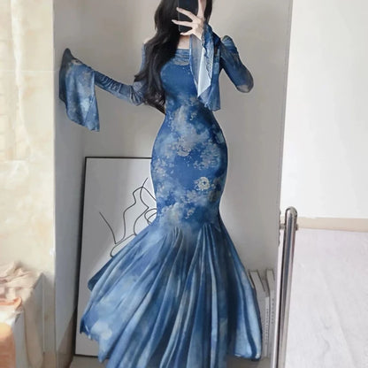 Large Size Fat Mm Charming Temperament Pure Sexy Hot Girl with One Shoulder Waist Slim Hips and Fish Tail Long Dresses