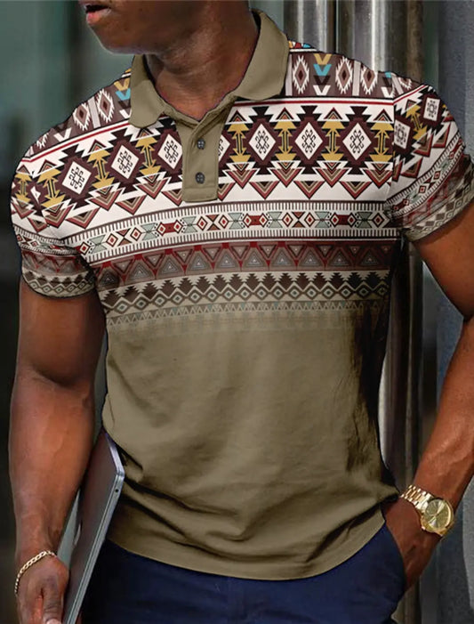 Men's Tribal Golf Polo Shirt - Vintage Short Sleeve Casual Collared Shirt for Stylish Vacations & Parties