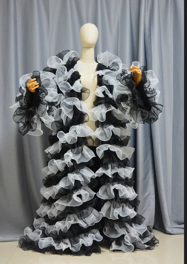 Puffy Ruffle Robe Dress white/black Colors 2 Toned Fashion Women Coat Jacket Ruffled Fluffy Female Jackets Layered Customized Badiee Stylez