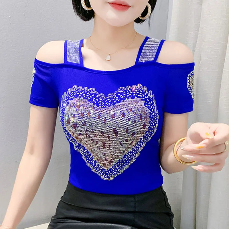 Aoxison Summer Short Sleeved Women's T-Shirt Elegant Slim Shiny Love Heart Diamonds Mesh Tops Chic Girl Sexy Off Shoulder Tees Blue3