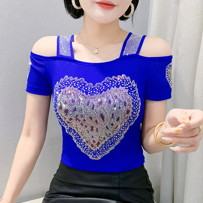 Aoxison Summer Short Sleeved Women's T-Shirt Elegant Slim Shiny Love Heart Diamonds Mesh Tops Chic Girl Sexy Off Shoulder Tees Blue3