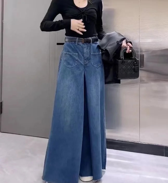 Retro Loose Super Wide-leg Jeans Women's 2024 Spring New Design Rough Edge Culottes Drape Floor Pants Women's Clothing Simple