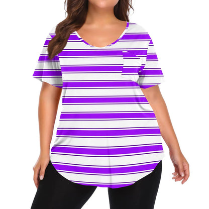 Plus Size Casual striped T-shirt For Women V neck short sleeves Loose Tops With Pocket Summer Daily Casual Plus Size Women's Top Purple Pink