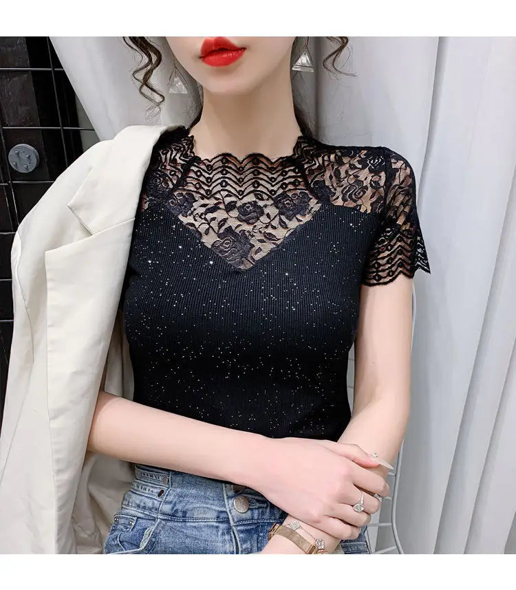 Summer Women Tops Patchwork Bright silk Mesh T shirt Pathcwork Short Sleeve Lace Shirt