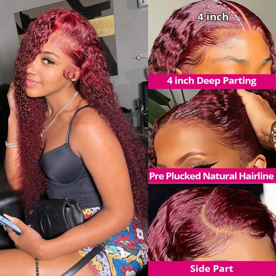 Burgundy Curly 13x6 Hd Lace Frontal Wig Human Hair 100% Brazilian 13x4 Water Deep Wave 99J Red Colored Wig For Women 30 36 Inch