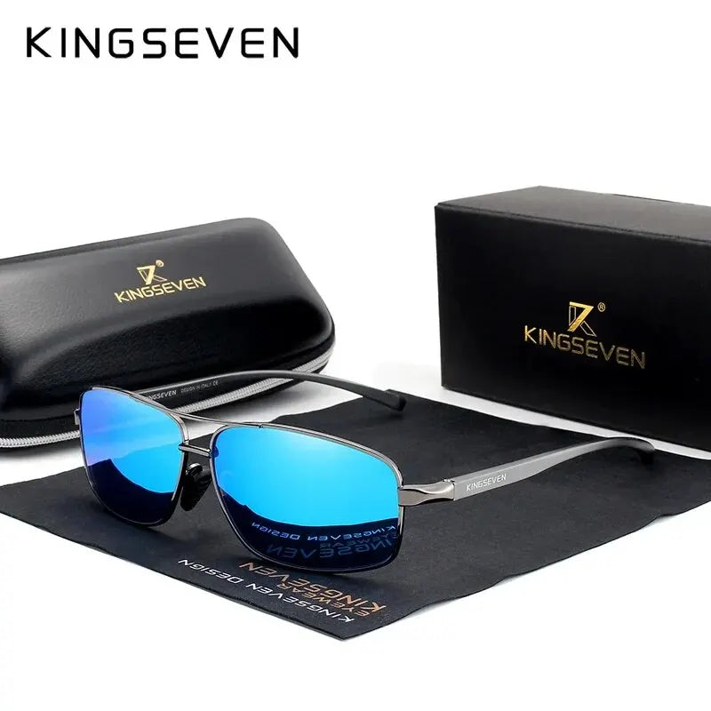 KINGSEVEN Fashion Designer Aluminum Polarized Sunglasses Sun Glasses Vintage UV400 For Men/Women Eye Protection Eyewear gun Blue