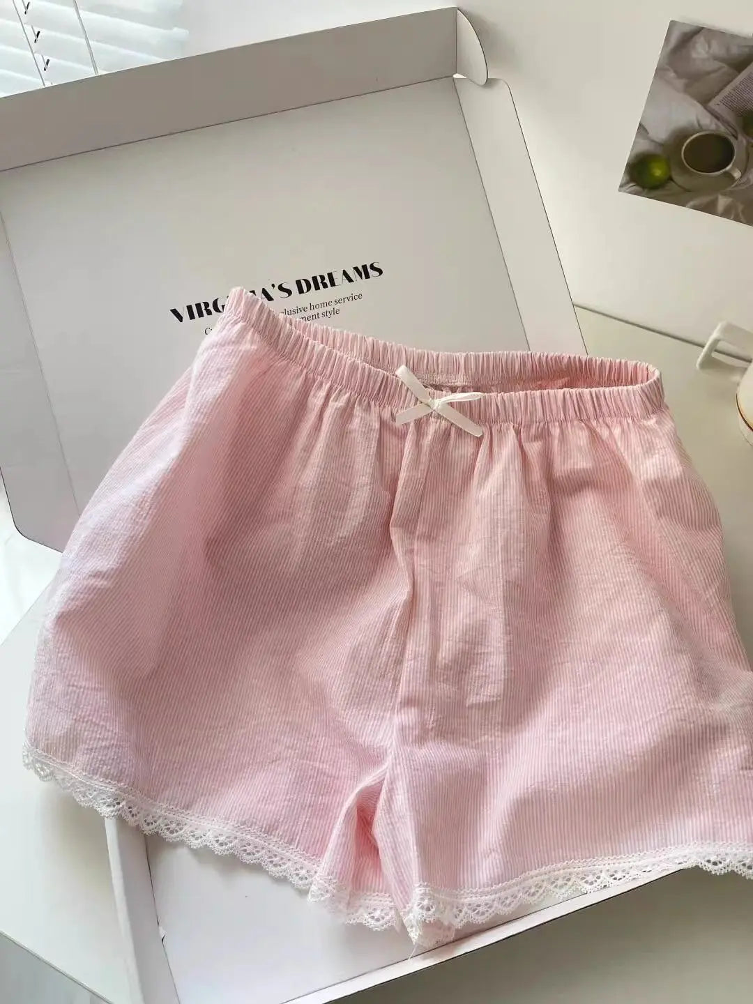 Lace Sleepwear Women Pajama Sets Striped Korean Piiama Summer Shorts Sets 2 Pieces Spaghetti Strap Night Wears Pink Home Suit