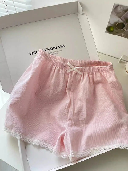 Lace Sleepwear Women Pajama Sets Striped Korean Piiama Summer Shorts Sets 2 Pieces Spaghetti Strap Night Wears Pink Home Suit