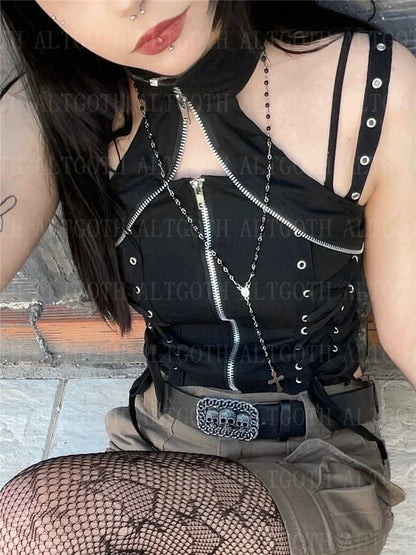 Y2k Dark Punk Gothic Corset Vest Women 2024 High Waist Bandage Crop Tank Tops Streetwear Emo Alt Harajuku Halter Rave Outfits