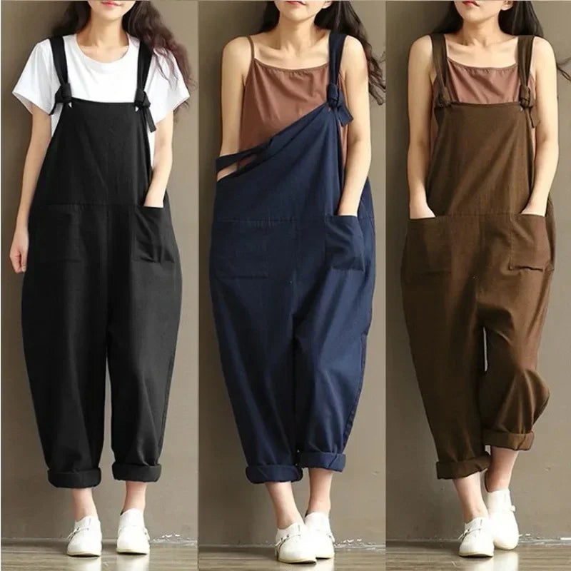 Women's Solid Color Simple Suspender Jumpsuit Sanded Cotton Pocket Loose Suspender Casual Pants Daily Commuter Wear S-3XL Badiee Stylez