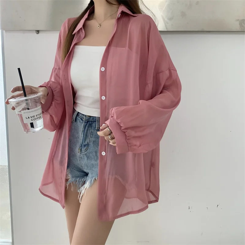 Semi Sheer Long Sleeve Shirt for Women Shimmer Button Down Collared Plain Lightweight Shirt Spring Summer Chic Tops Outfit