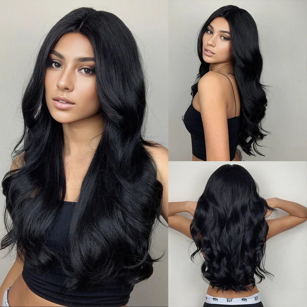 Blonde synthetic wig with straight bangs Ladies Cosplay wig High temperature silk wig set with big waves and long curly hair 412-103-black