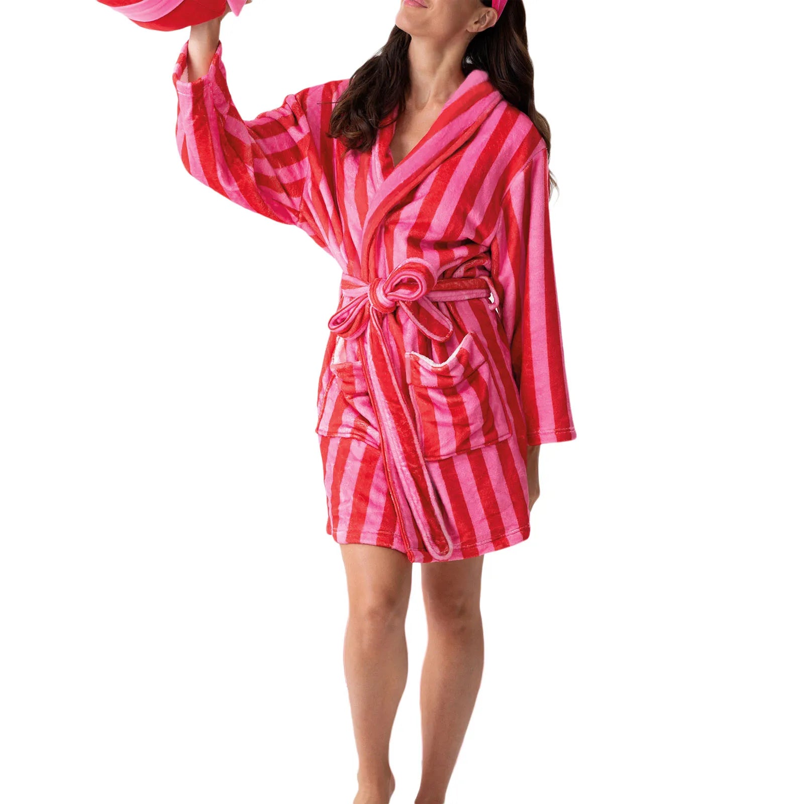 Dourbesty Women Striped Fleece Robe Fuzzy Y2K Printed Long Sleeve Shawl Collar Bath Robe Cute Plush Warm Kimono with Pocket 2025 A
