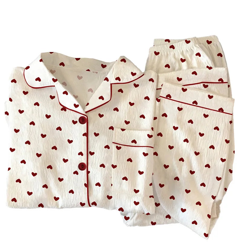 Spring and Autumn New Women's Pajamas Homewear Set Girls Gentle Wind Love Cardigan Pajamas Wrinkled Cloth Homewear Long-Sleeved