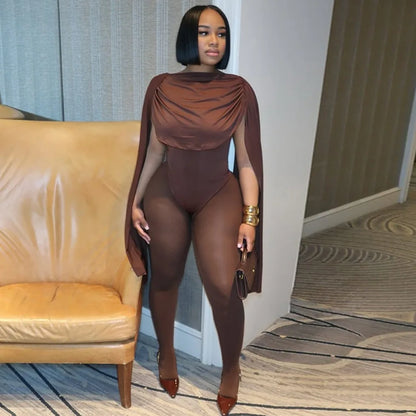 FLARORA Elegant Solid Color Ruched Jumpsuit Woman Bandage Patchwork Sleeveless Bodycon Jumpsuits Evening Party One Piece Overall Badiee Stylez