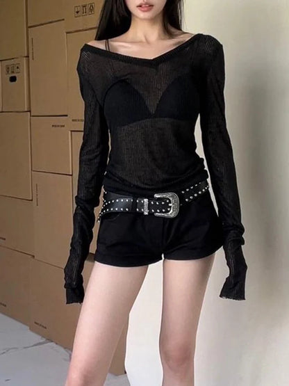 Women Long Sleeve T Shirt Thin Perspective Summer Solid Slim Casual Shirts Female Pullovers Basic Tee Y2k Clothes Streetwear Top