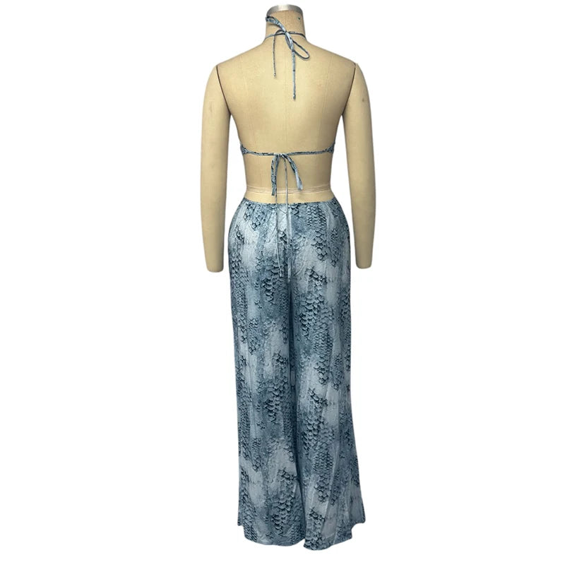 Wefads Jumpsuit Women 2025 Casual Fashion Sleeveless Printed Halter Neck Backless Lace Up Loose Wide Legs Pants Rompsers