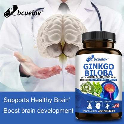 Ginkgo Biloba + 5000mg Supplement - Vitamin B6 B12 Folic Acid Bacopa Gotu Kola - Brain Focus Memory