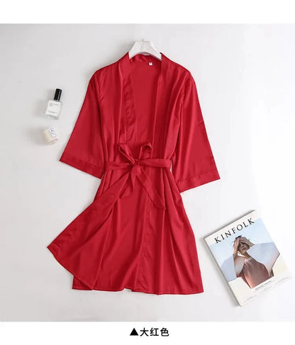 Women Wedding White Bride Robe Morning Gown 3/4 Sleeve Sleepwear Loose Nightgown Female Silk Satin Kimono Bathrobe Lingerie Red