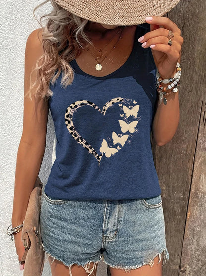 Woman Racerback Tank Top Leopard Butterfly Print Sexy Tops Butterfly Lover Gift Summer Outfit Heart Leopard Print Summer Tanks