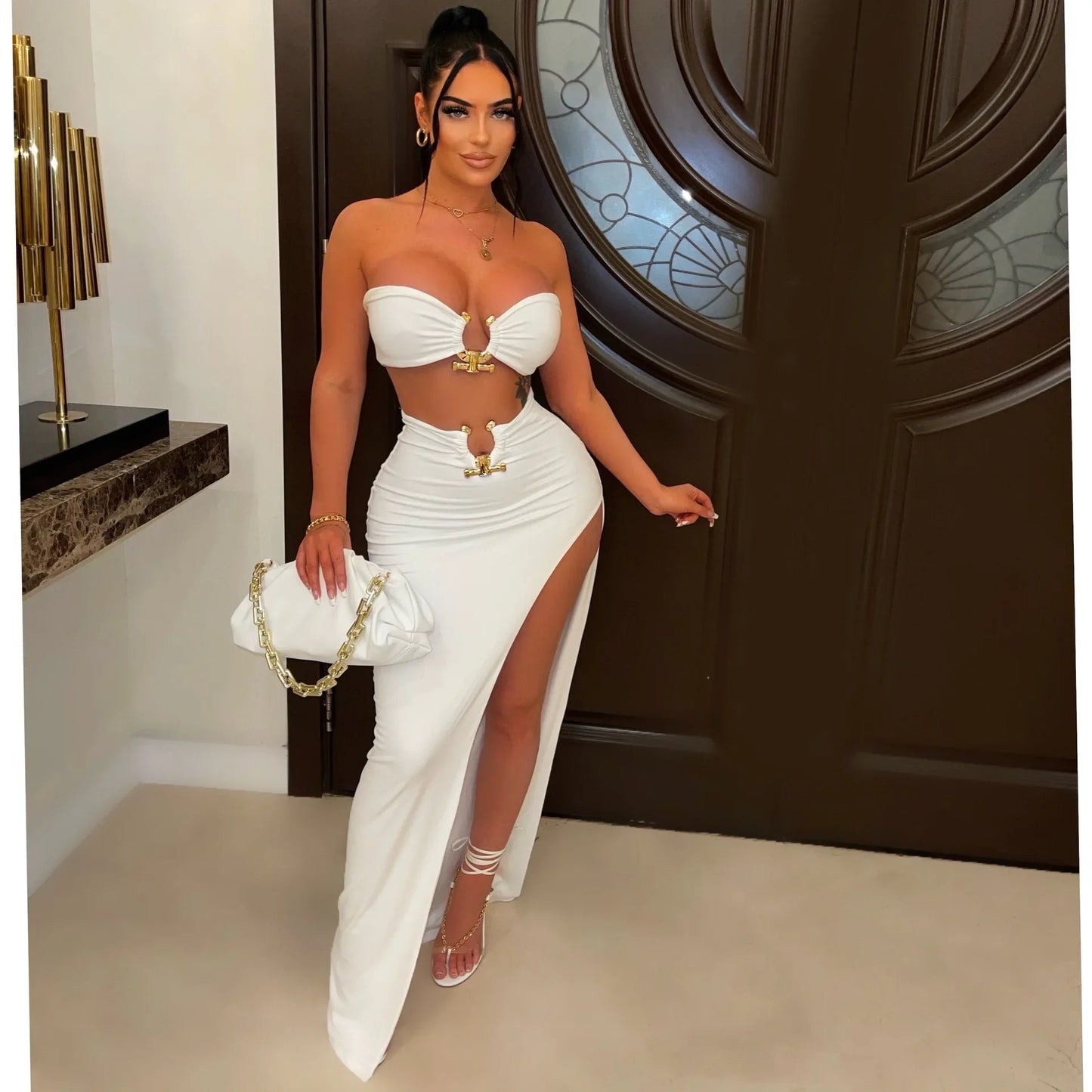 New Chic Gold Ring Bandeau Slit Skirt Two-Piece Set Womens Beautiful Off Shoulder Matching Skirt Set Nightclub Outfits Badiee Stylez