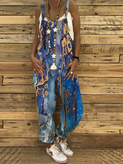 Women Overalls Summer Jumpsuits Thin Vintage Sweet Print Suspenders Loose Female Casual Large Size New Straight-leg Pants 10