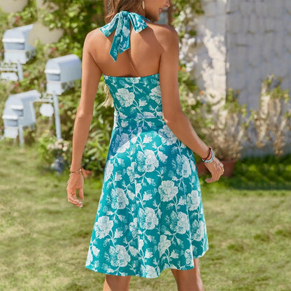 Ladies' Sexy Elegant Bohemian Floral Printed Summer Sleeveless Deep V-neck High Waist Beach Vacation A-line Daily Ruffle Dresses