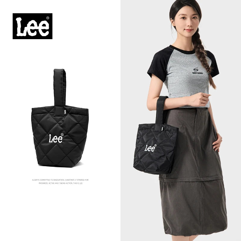 LEE Ladies Cute Design Puffer Bag Casual Soft Small Pink White Quilted Handbag Women Korean Style Down-filled Phone Bucket Bag