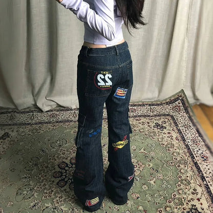 Karrram Vinatge Y2k Baggy Jeans Japanese 2000s Style High Waist Flared Jeans American Retro Denim Cargo Pants Harajuku Trousers
