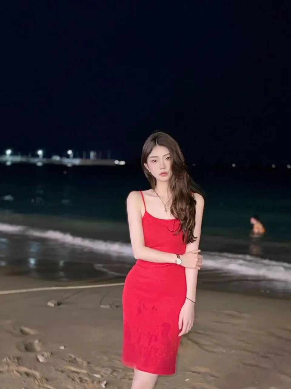 Pure wind red bow hollowed out beautiful back design halter dress female summer sexy slim-fit package hip skirt