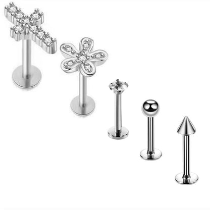 5PCS Flower Tragus Piercing Set Flat Back Cz Cartilage Stud Earring Helix Jewelry Conch Rook Stud Lot Labret Lip Piercing Bulk 5PCS Set27