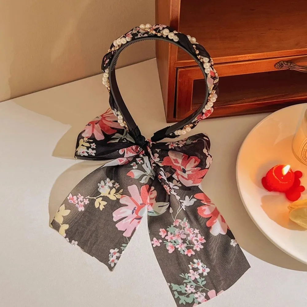 Retro Silk Scarf Headband Floral Print Pearl Braided Hairband Adjustable Bow Non Slip Ribbon Hairband for Women Girls Kid Style 4