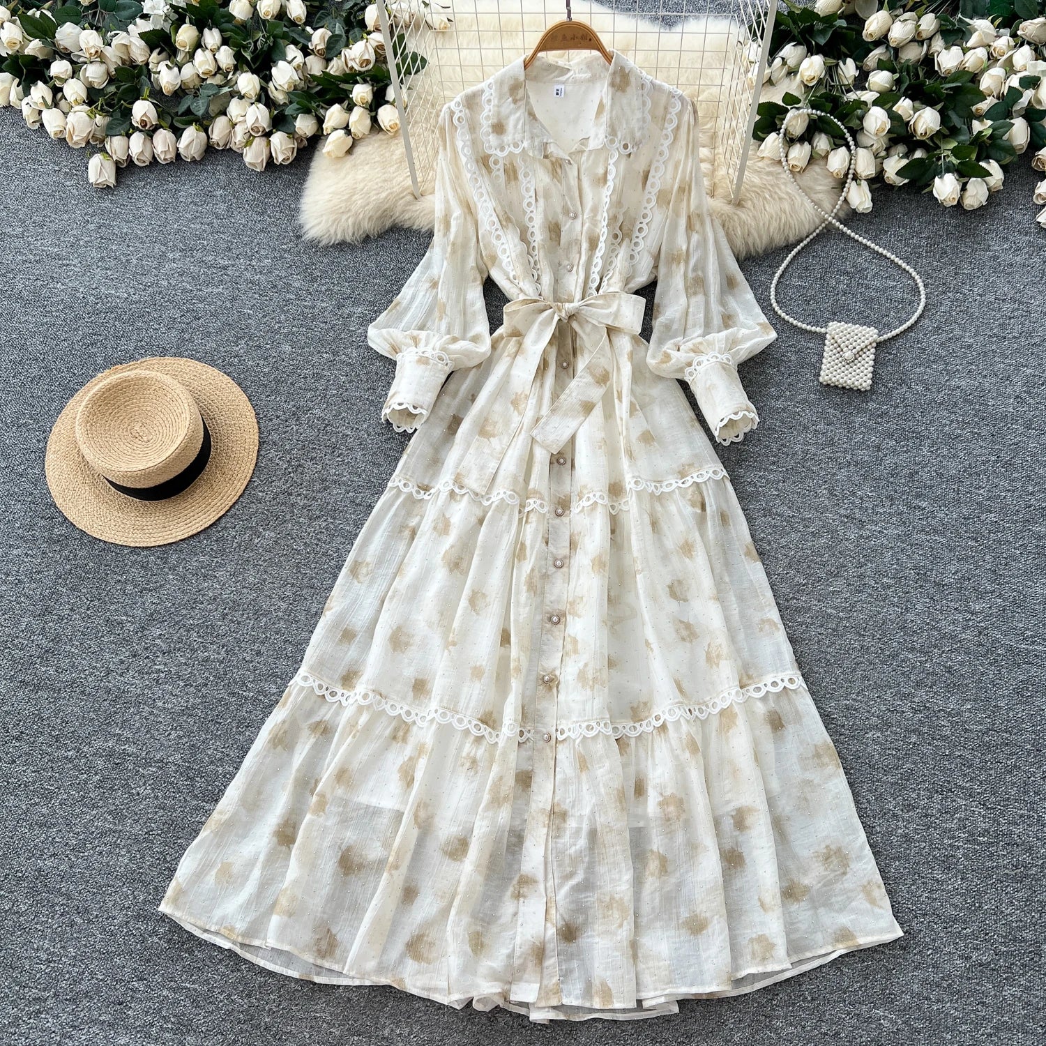 Chic vintage rhinestone lace-up slim Elegant Fairy korean fashion Boho Sundress women clothing Long dress