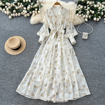 Chic vintage rhinestone lace-up slim Elegant Fairy korean fashion Boho Sundress women clothing Long dress