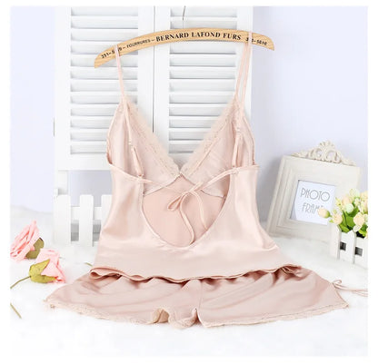 Black Pajamas Suit Lace Up Cami&shorts Set 2Pcs Satin Home Clothes Lady Sexy Lingerie Sleepwear Loungewear Plus Size 3Xl