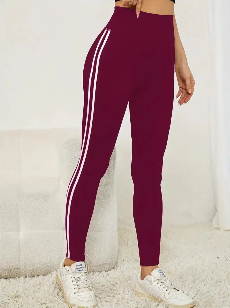 Women's High-waist Slimming Leggings Side Stripe Pattern Breathable Yoga Pants Sportswear Athletic Apparel