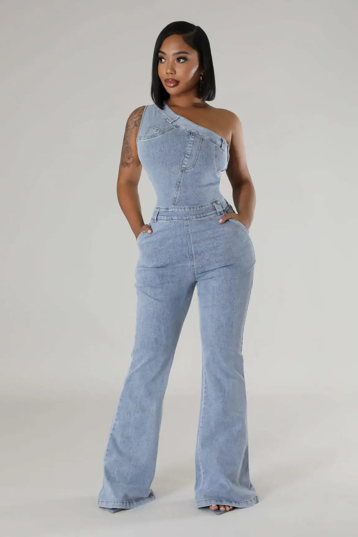 Flare Denim Pants Full Length Women Jeans One Piece Overalls Spliced Solid Jumpsuits Loose Pockets High Waist Basics Washed
