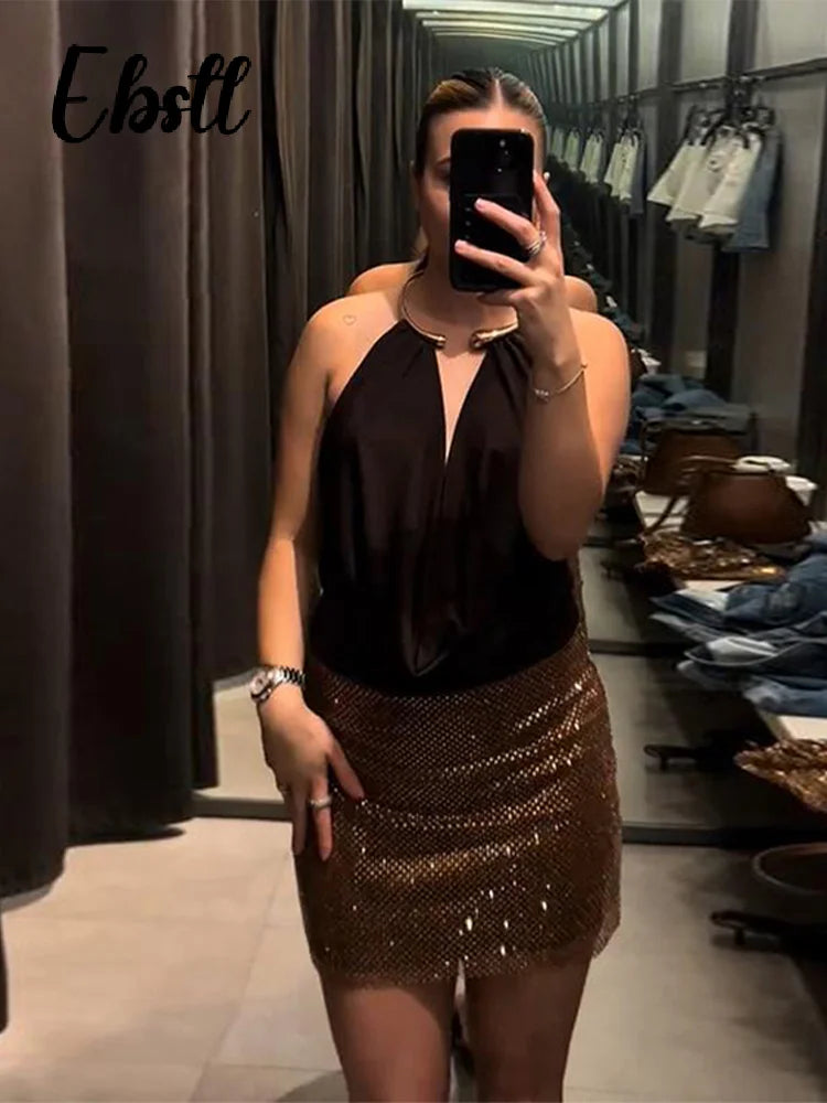 Sexy Metal Halter Deep V-neck Jumpsuits Women High Street Backless Sleeveless Short Bodysuit 2025 Summer New Lady Slim Clubwear