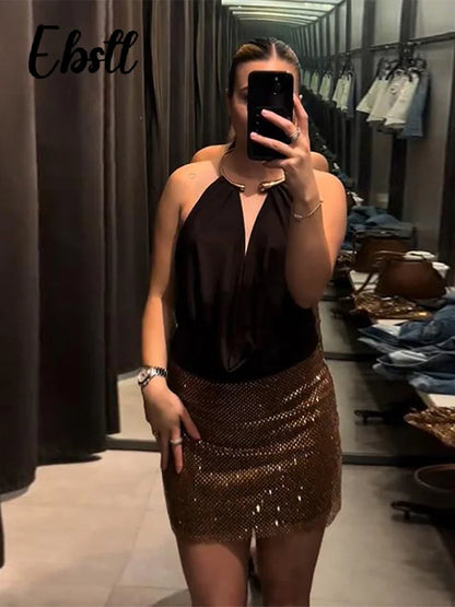 Sexy Metal Halter Deep V-neck Jumpsuits Women High Street Backless Sleeveless Short Bodysuit 2025 Summer New Lady Slim Clubwear