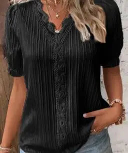 Sexy V Neck Patchwork Blouse Shirts Summer Female Short Lantern Sleeve Holiday Loose Blouse Tops SZE-ST23053