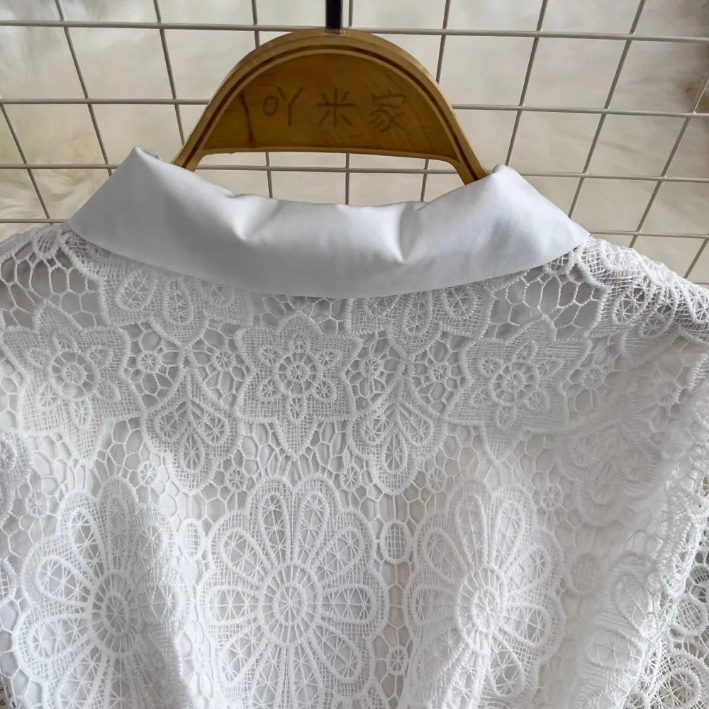 Summer Elegant Crochet Lace Patchwork Chiffon Pleated Dress Women's Short Sleeve Hollow Out Flower Buttons Belt Runway Vestidos