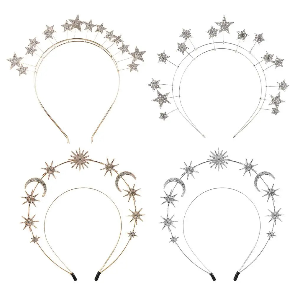 Exaggerated Metal Star Hair Hoop Silver Princess Halo Crown Bridal Hair Tiara Rhinestone Baroque Hairbands Children