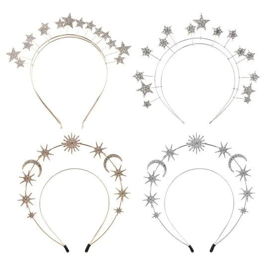 Exaggerated Metal Star Hair Hoop Silver Princess Halo Crown Bridal Hair Tiara Rhinestone Baroque Hairbands Children