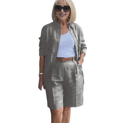 Formal Shorts Suit Knee Length Pants Lady Business Outfit Cardigan Plus Size Lady Coat Shorts Set Daily Wear Grey 1