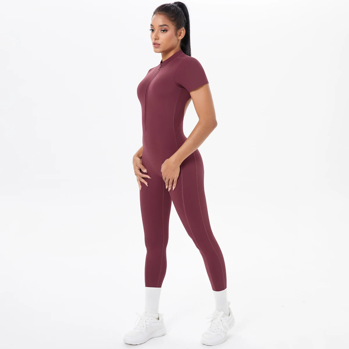 Short Sleeved Fitness Jumpsuit for Woman Bodysuits Backless Solid Color Scrunch One-Piece Suit Half Zipper Gym Yoga Sets Womens