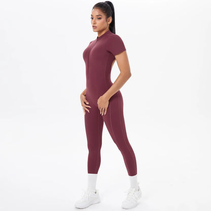 Short Sleeved Fitness Jumpsuit for Woman Bodysuits Backless Solid Color Scrunch One-Piece Suit Half Zipper Gym Yoga Sets Womens