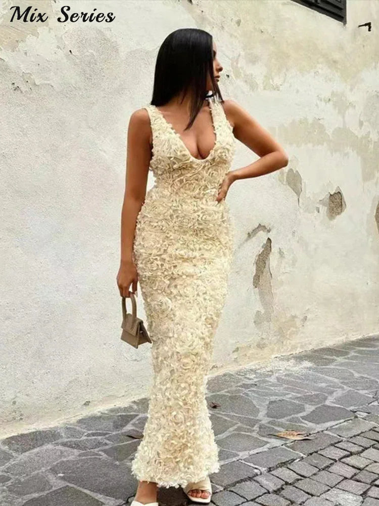 Sexy 3D Flower Deep V-neck Dress Women Slim Sleeveless Backless Split Hip Package Midi Dresses 2025 Spring Ladies New Vestidos